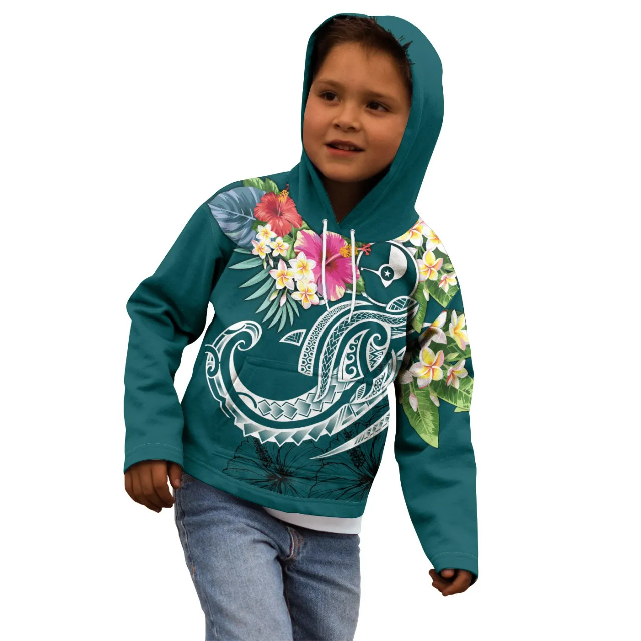 YAP Polynesian Hoodie - Summer Plumeria (Turquoise)