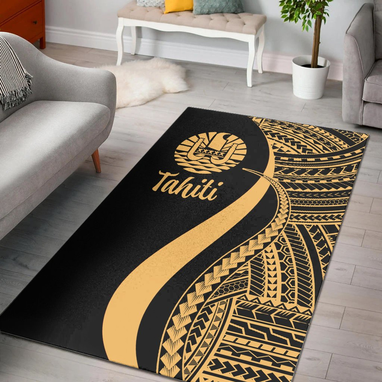 Tahiti Area Rug - Gold Polynesian Tentacle Tribal Pattern Polynesian 1