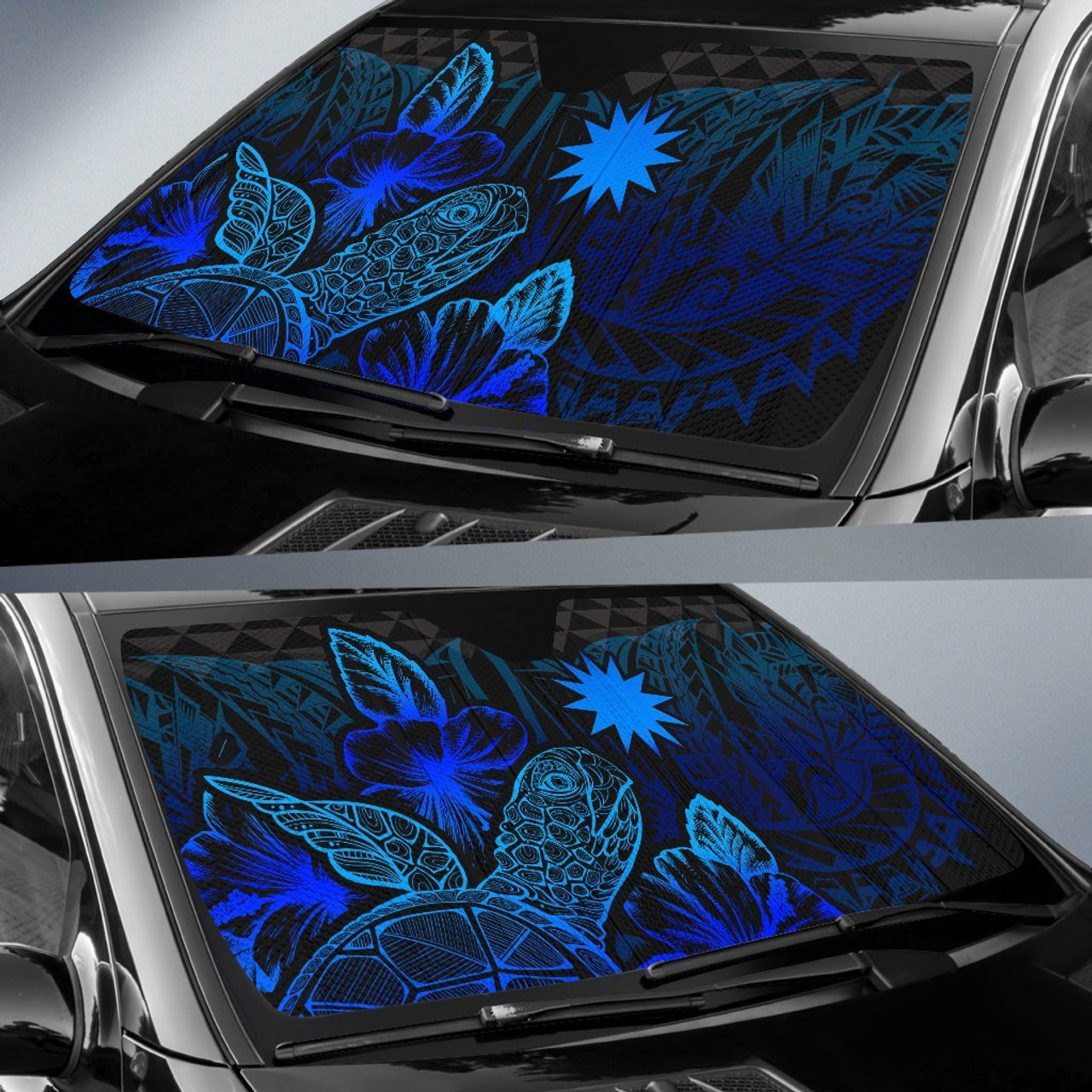 Nauru Auto Sun Shades Turtle Hibiscus Blue