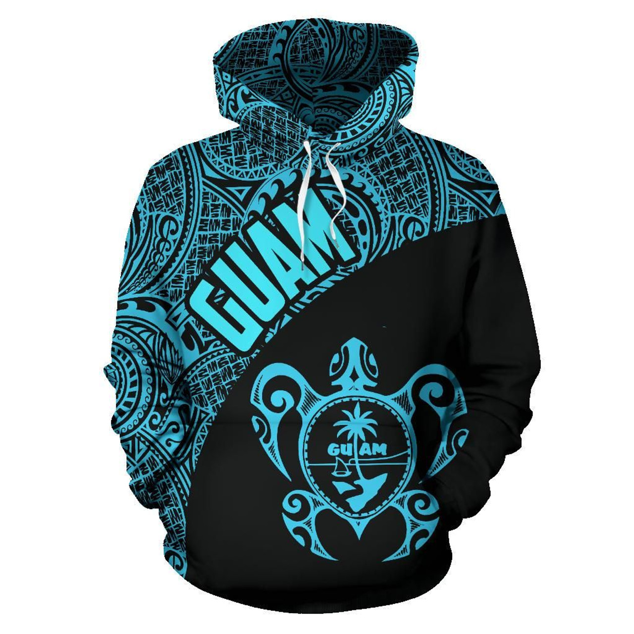 Guam Hoodie - Guam Coat Of Arm In Turtle Polynesian Tattoo Blue