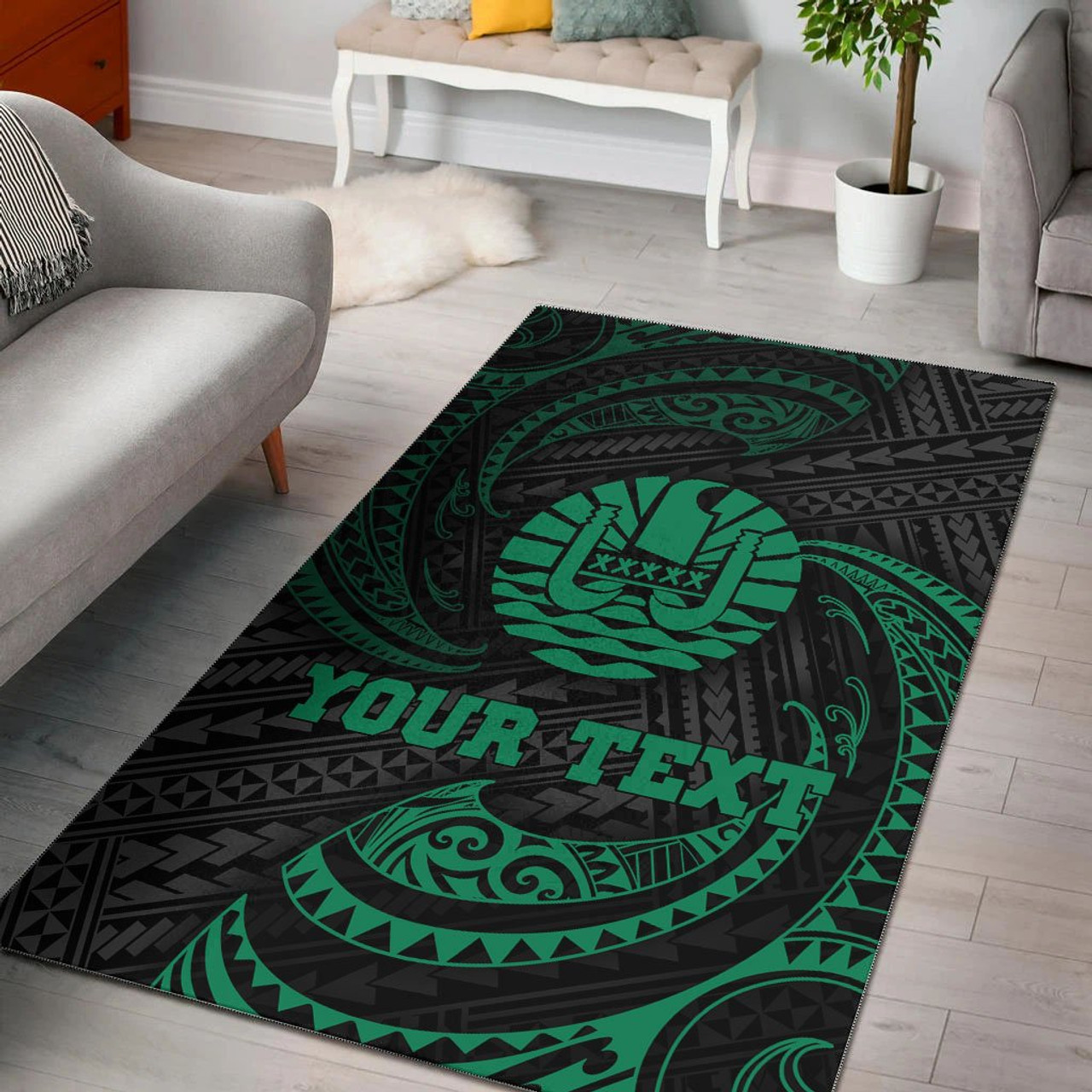 Tahiti Polynesian Custom Personalised Area Rug - Green Tribal Wave Polynesian 1