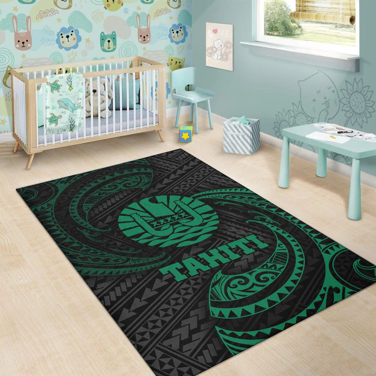 Tahiti Polynesian Area Rug - Green Tribal Wave Polynesian 6