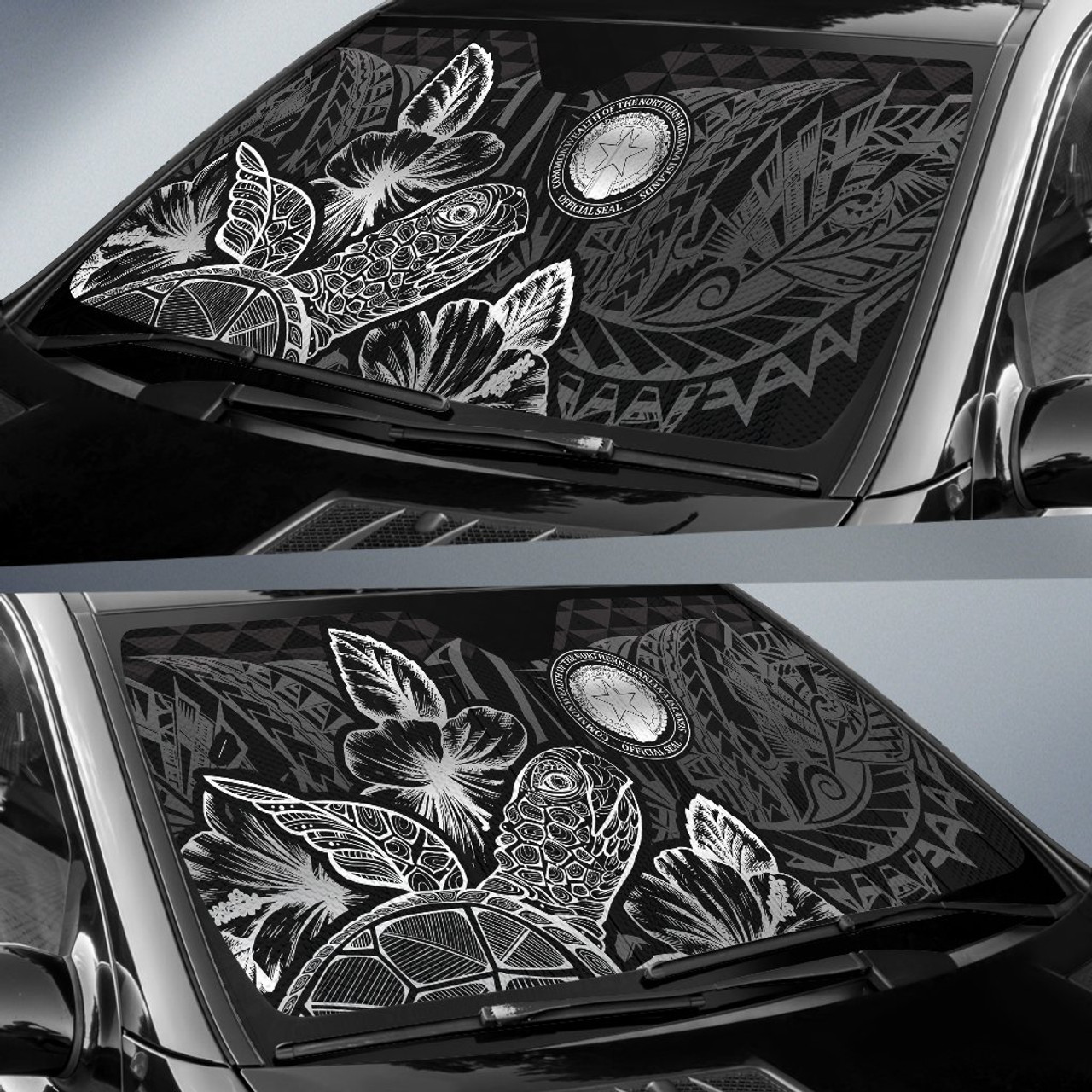 Northern Mariana Islands Auto Sun Shades Turtle Hibiscus Black