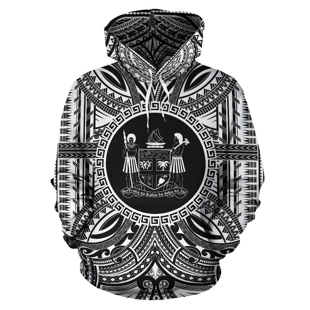 Fiji All Over Hoodie - Fiji Coat Of rms Polynesian White Black