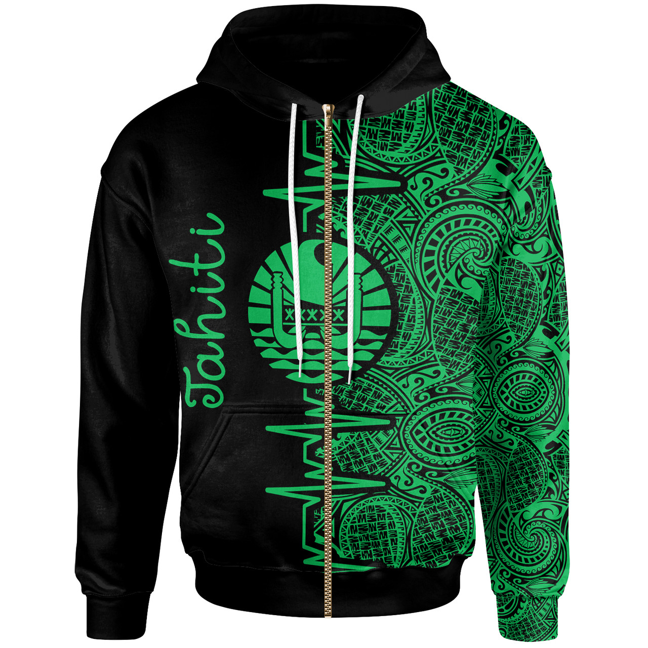 Tahiti Polynesian Hoodie - Tahiti Flag Heartbeat Pattern Green Version