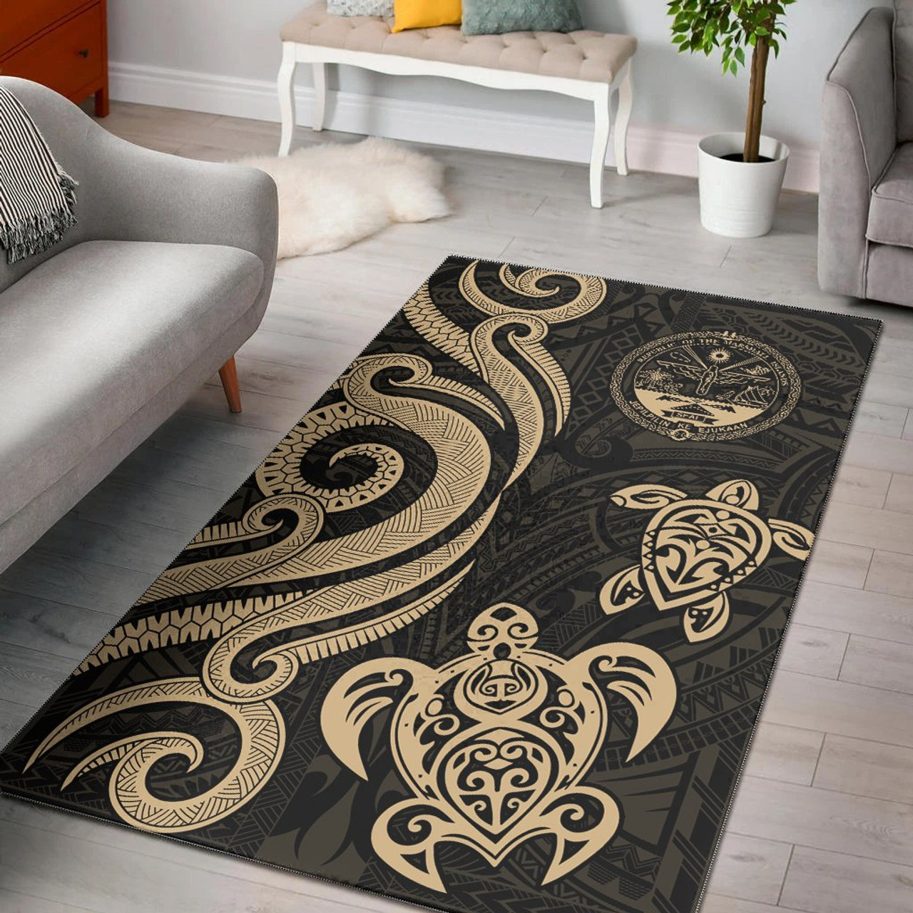 Marshall Islands Area Rug - Gold Tentacle Turtle Crest Polynesian 1