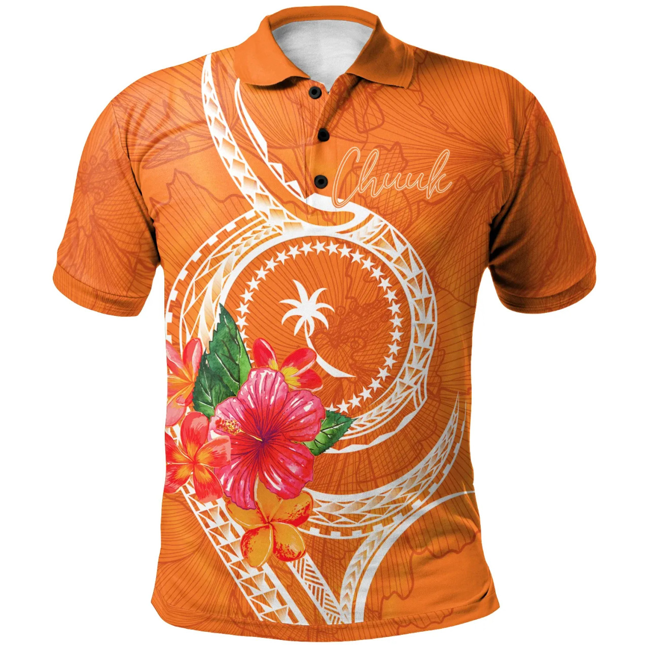 Chuuk Polynesian Polo Shirt - Orange Floral With Seal 1