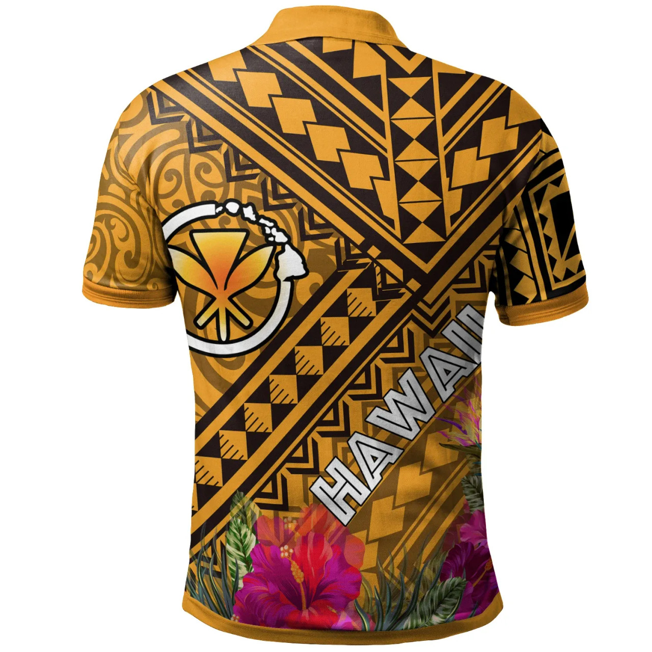 Hawaii Polo Shirt - Kanaka Maoli With Hibiscus On Polynesian Patterns (YELLOW) 2
