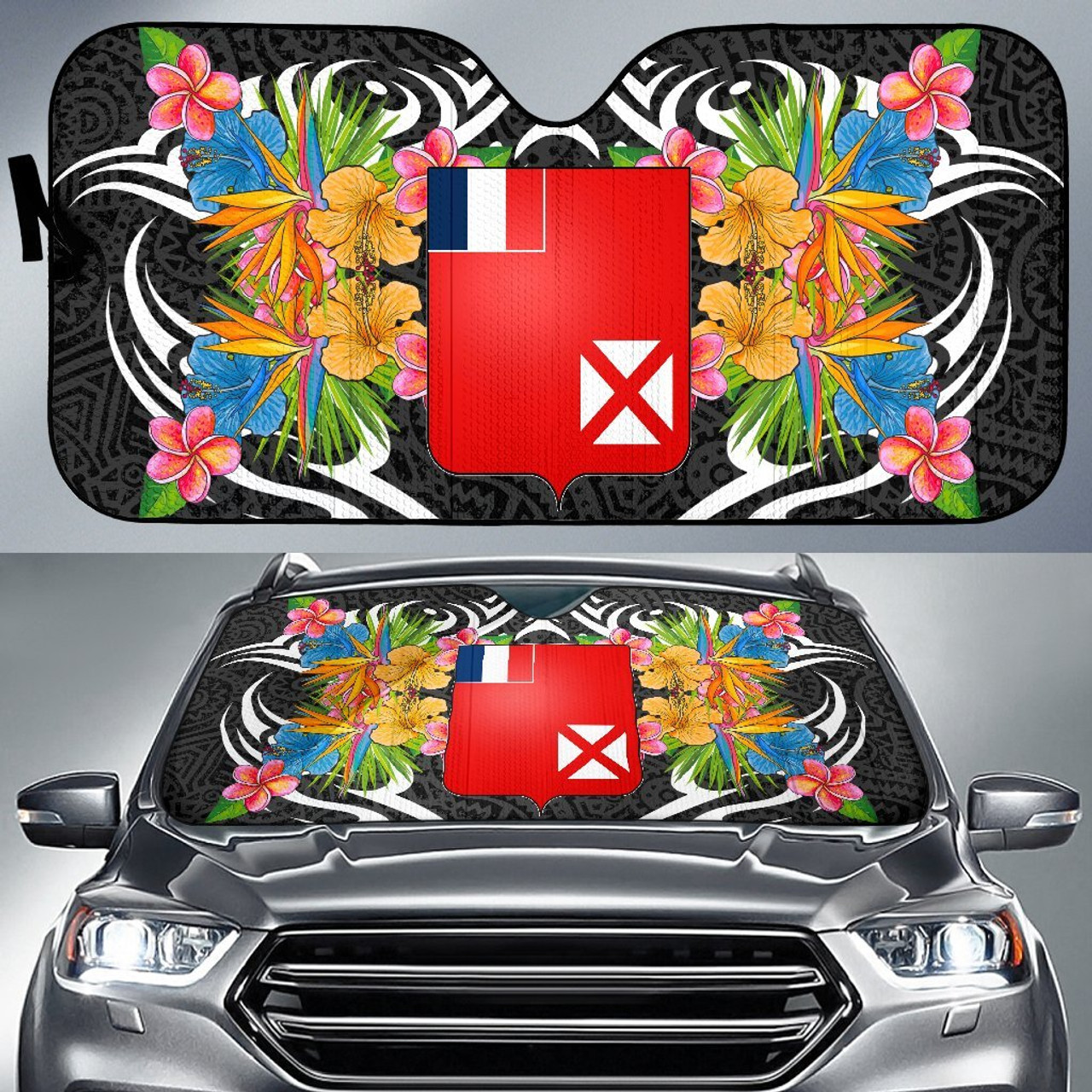 Wallis & Futuna Auto Sun Shades - Coat Of Arms With Tropical Flowers