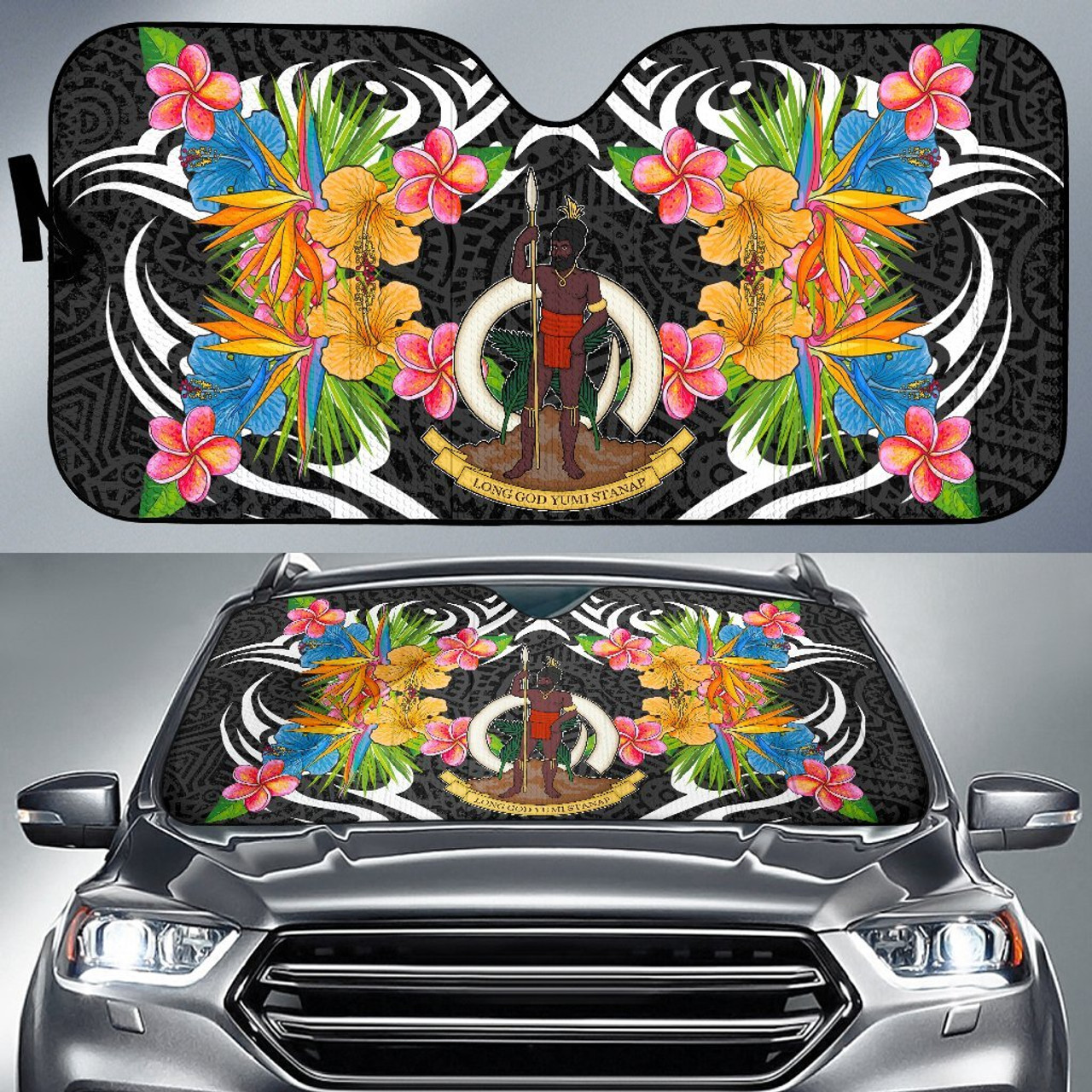 Vanuatu Auto Sun Shades - Coat Of Arms With Tropical Flowers