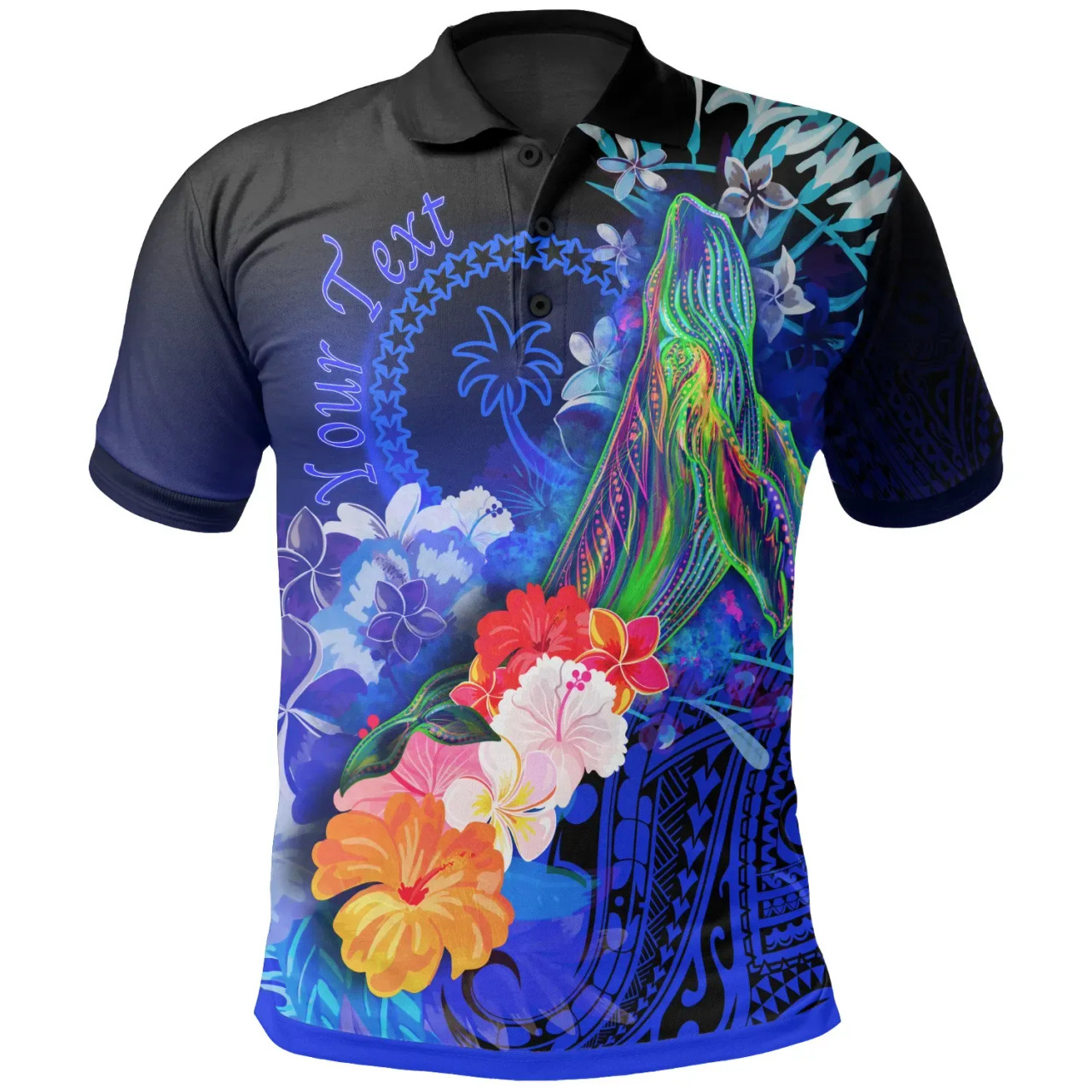 [Custom Personalised] Chuuk PoLo Shirt - Humpback Whale with Tropical Flowers (Blue) 1