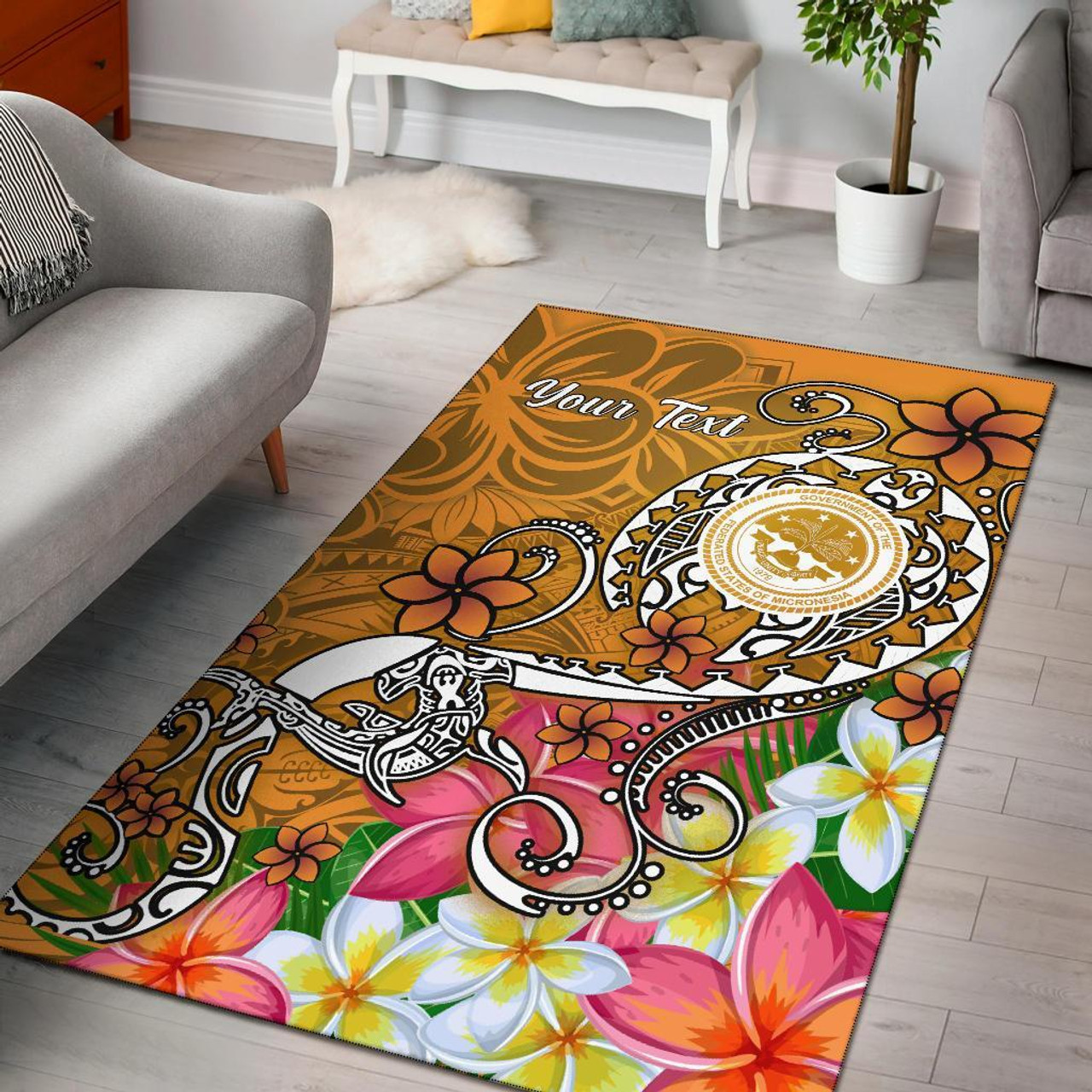 FSM Custom Personalised Area Rug - Turtle Plumeria (Gold) Polynesian 1