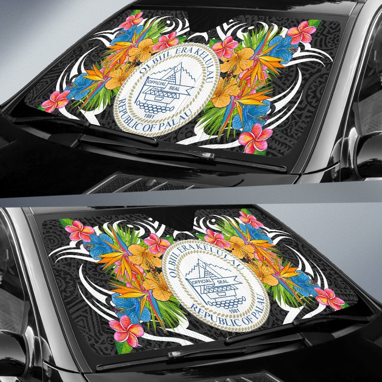 Palau Auto Sun Shades - Coat Of Arms With Tropical Flowers