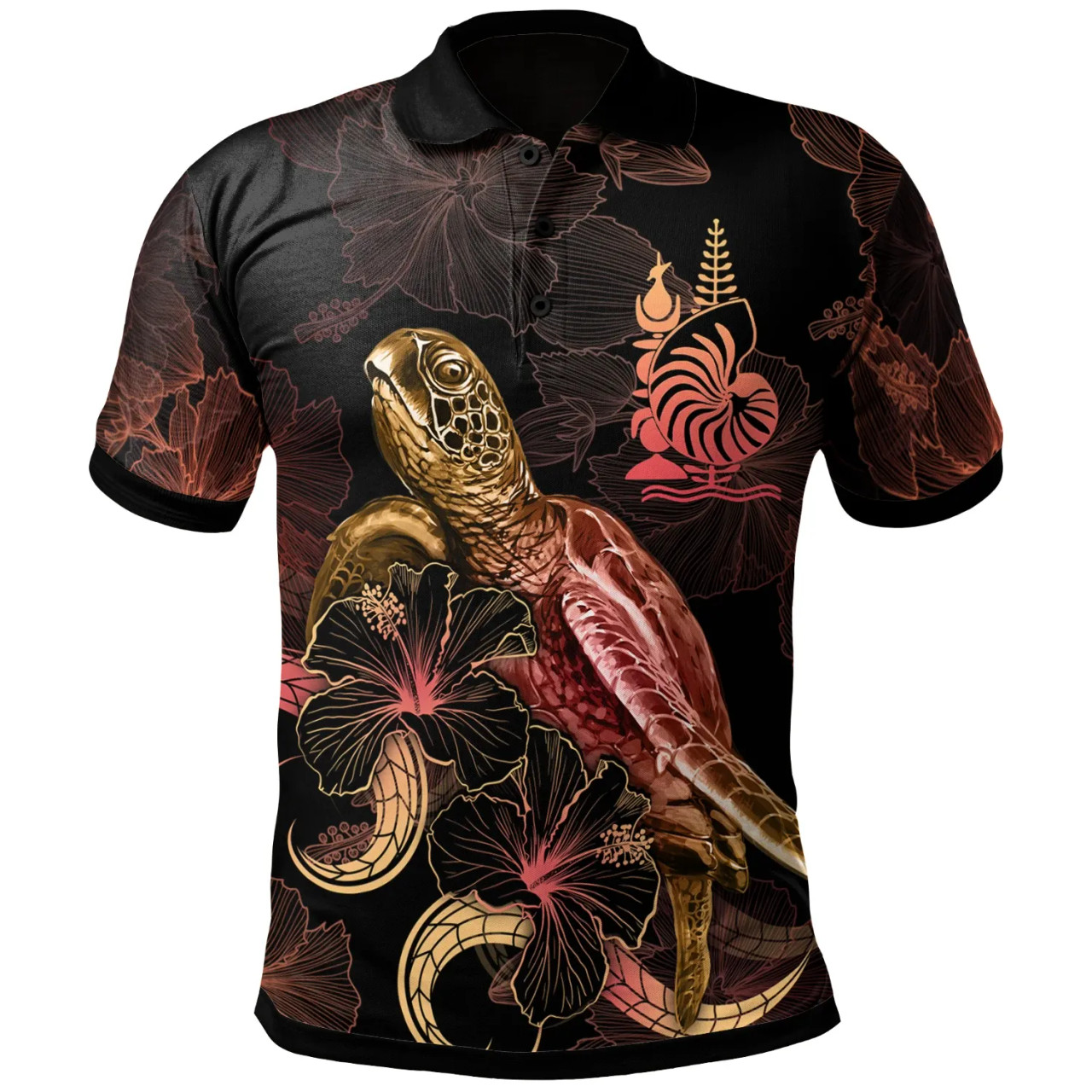 New Caledonia Polynesian Polo Shirt - Turtle With Blooming Hibiscus Gold 1