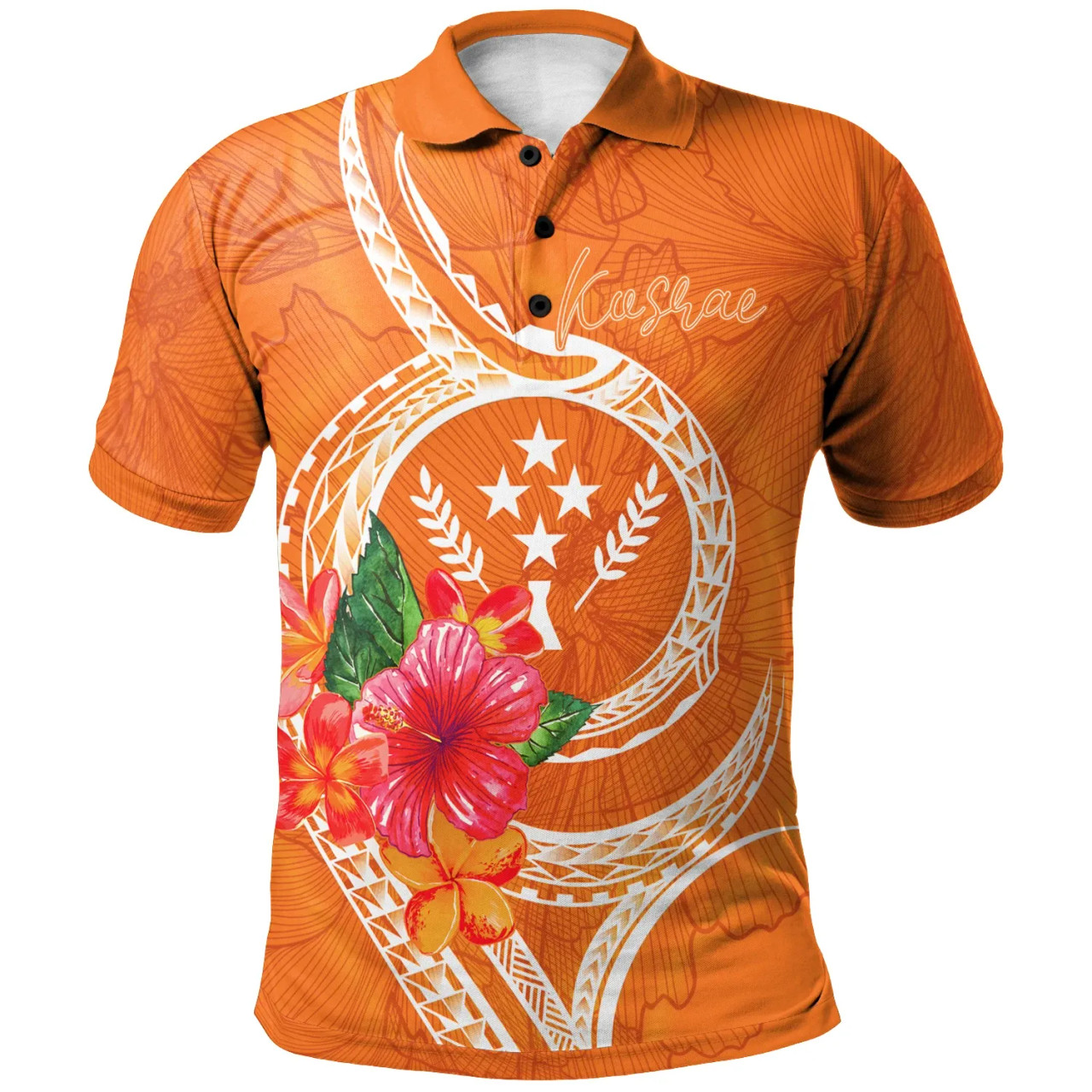 Kosrae Polynesian Polo Shirt - Orange Floral With Seal 1
