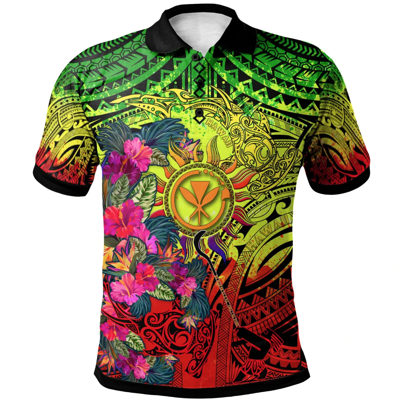 Polynesian Hawaii Kanaka Maoli Polo Shirts - Hibiscus Flowers & Polynesian Patterns