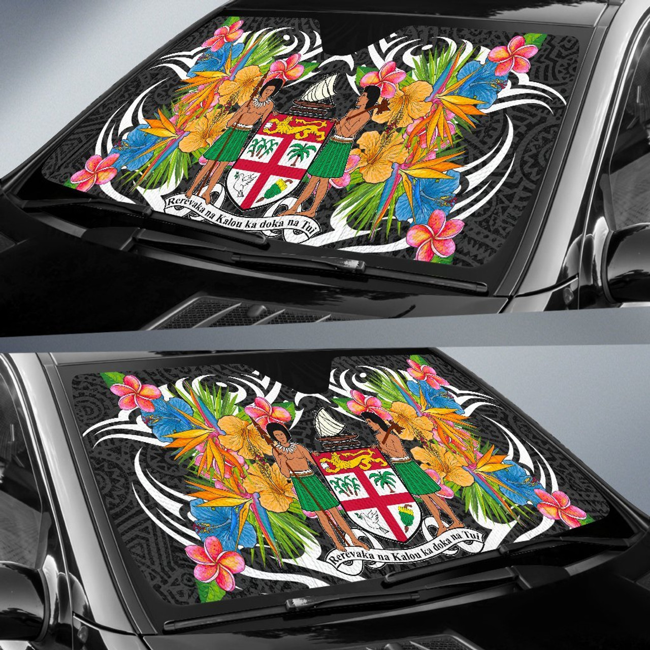 Fiji Auto Sun Shades - Coat Of Arms With Tropical Flowers
