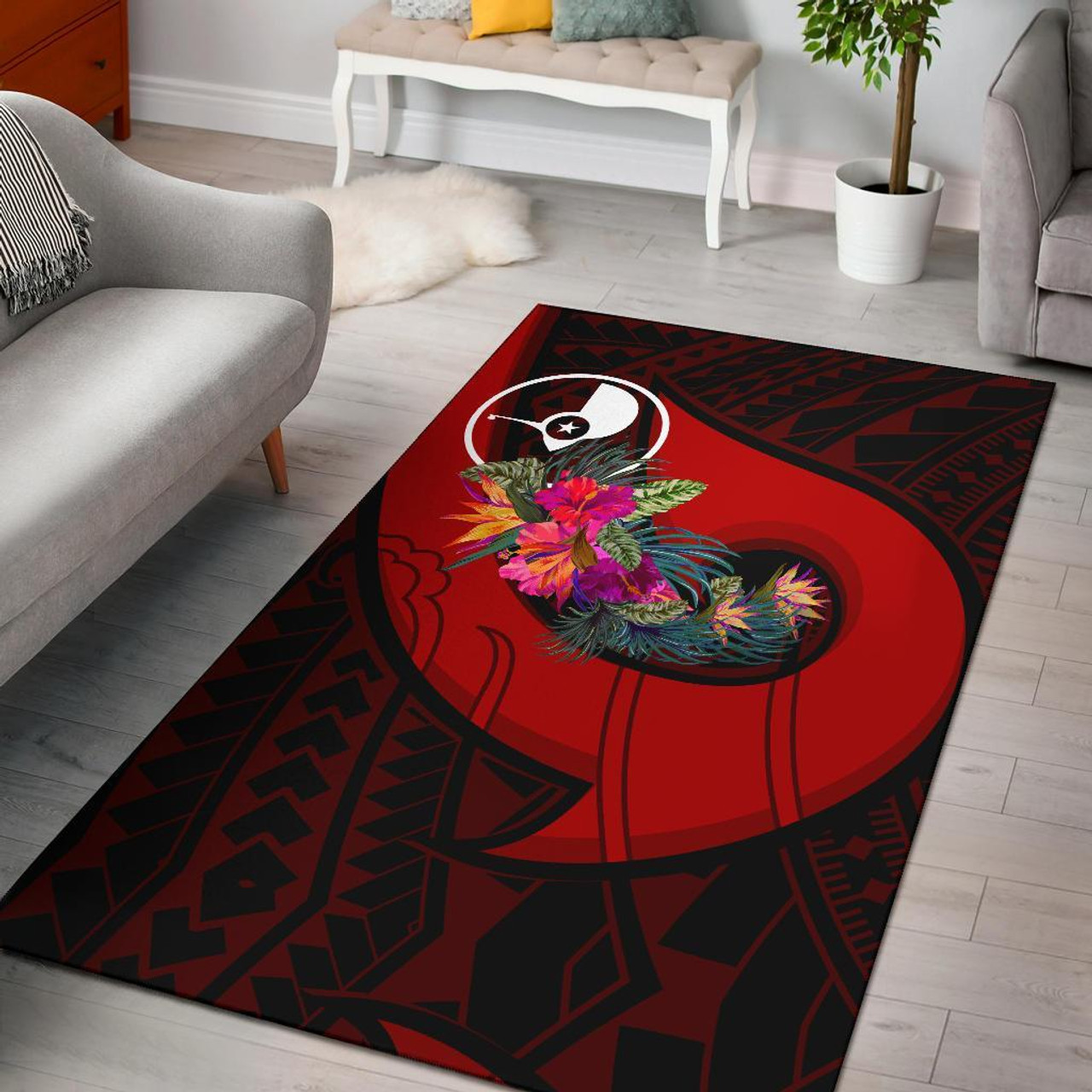 Yap Area Rug - Polynesian Hook And Hibiscus (Red) Polynesian 2