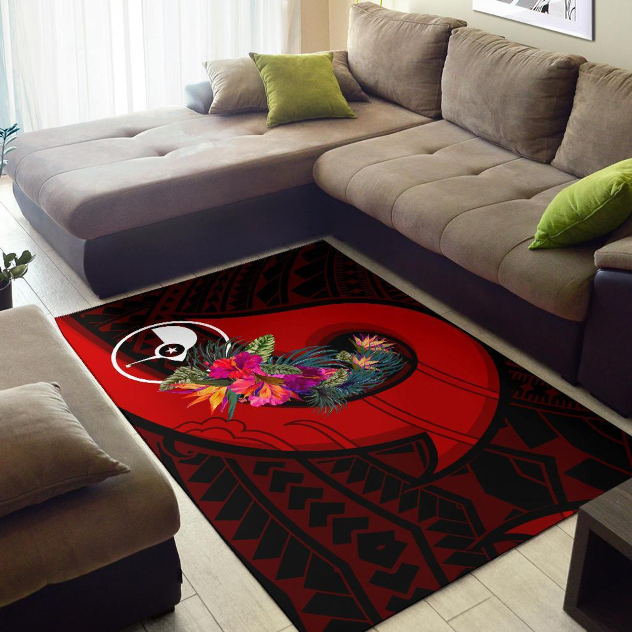 Yap Area Rug - Polynesian Hook And Hibiscus (Red) Polynesian 3