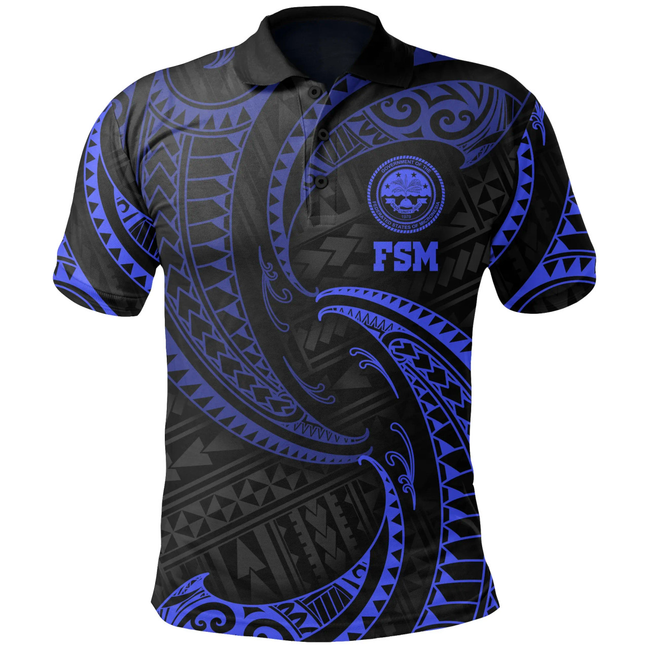 Federated States of Micronesia Polynesian Polo Shirt - Blue Tribal Wave 1