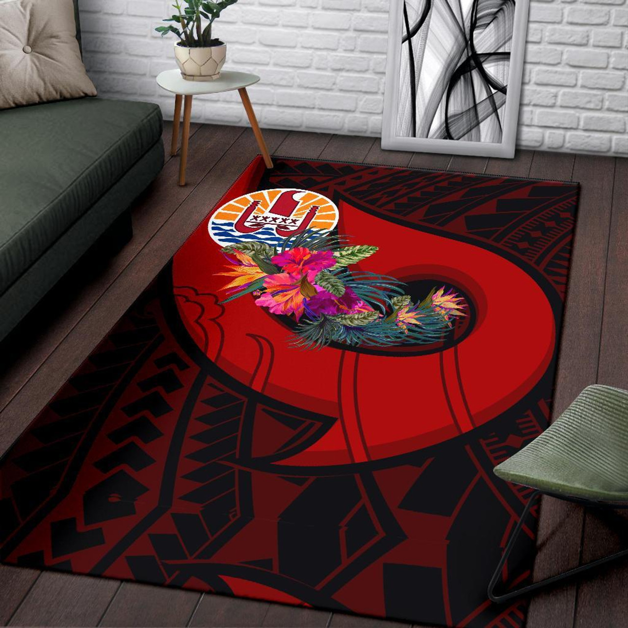 Tahiti Area Rug - Polynesian Hook And Hibiscus (Red) Polynesian 1