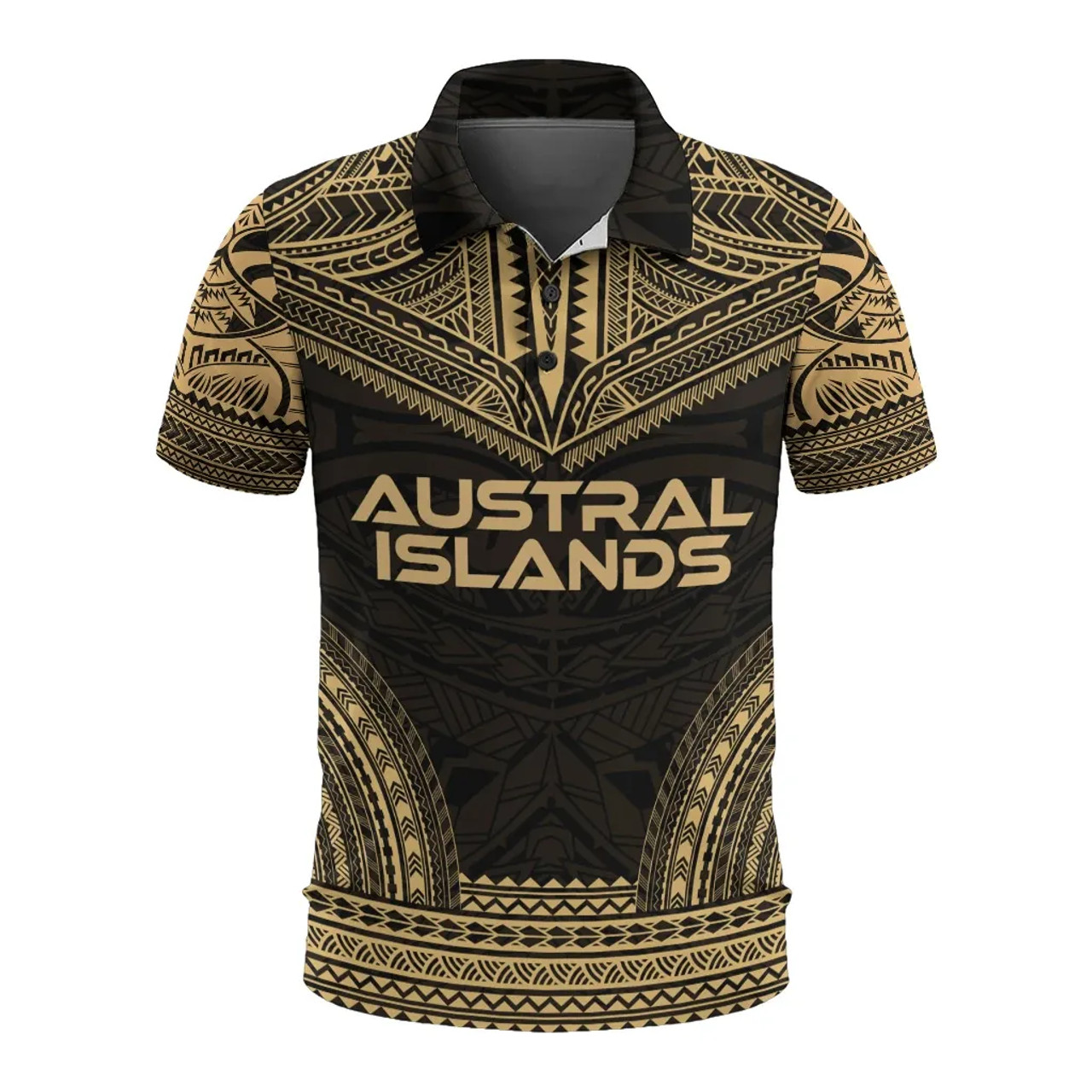 Austral Islands Polo Shirt - Austral Islands Flag Polynesian Chief Tattoo Gold Version 1