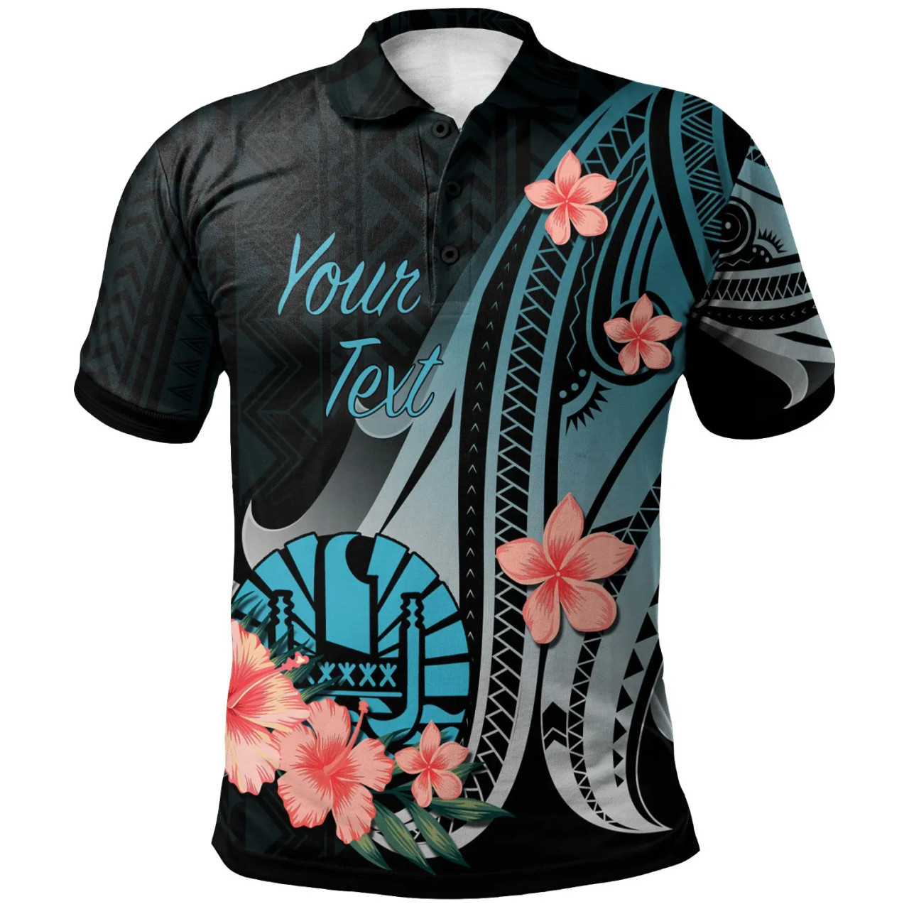 Tahiti Personalised Custom Polo Shirt - Turquoise Polynesian Hibiscus Pattern Style 1