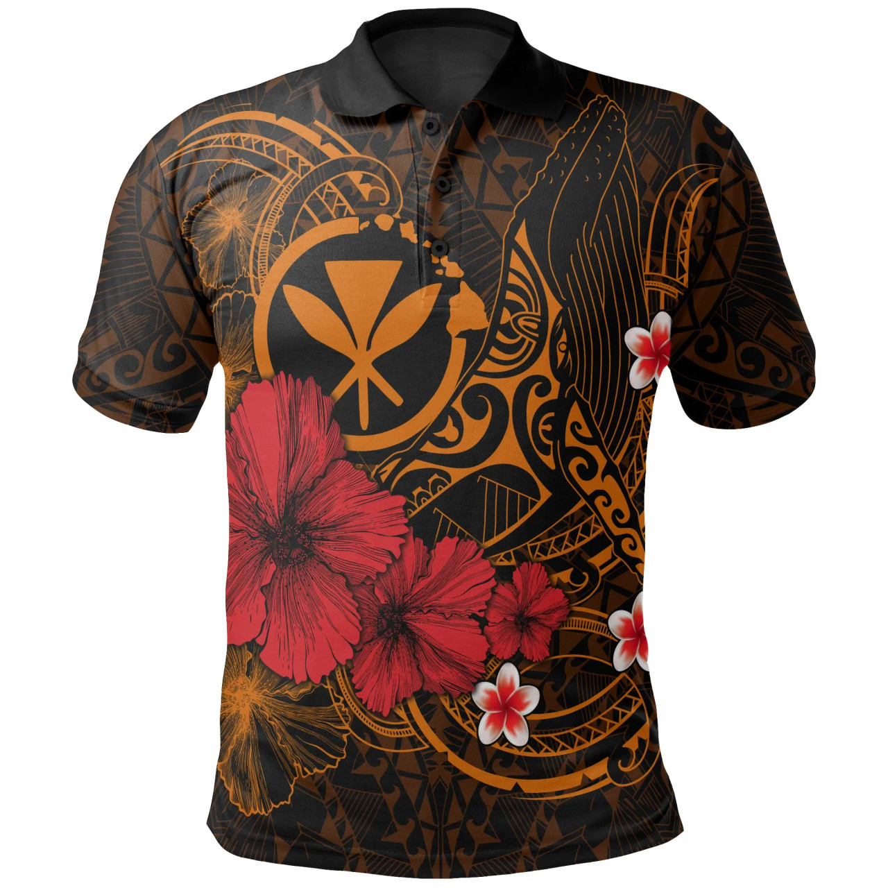 Polynesian Hawaii  Kanaka Maoli Polo Shirts - Humpback Whale with Hibiscus (Golden) 1