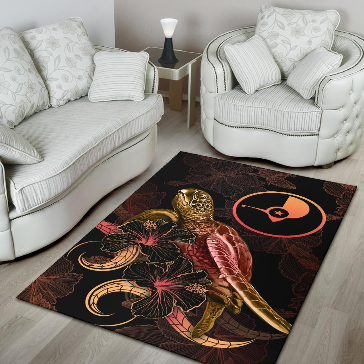 Yap Polynesian Area Rugs - Turtle With Blooming Hibiscus Gold Polynesian 4