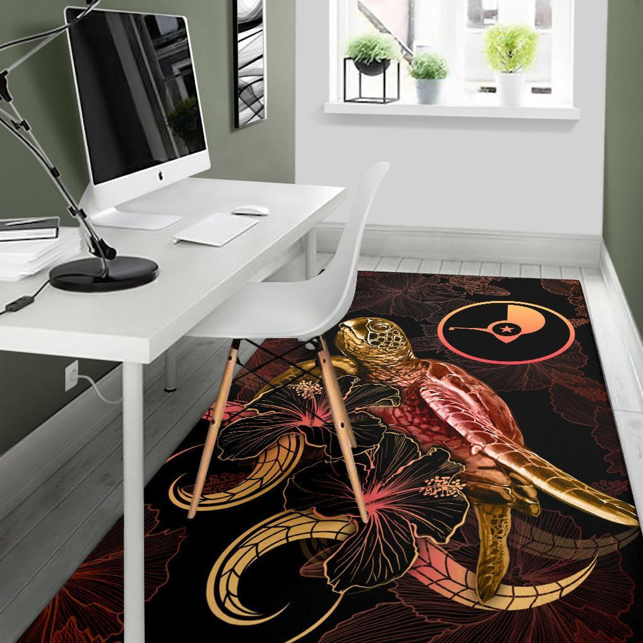 Yap Polynesian Area Rugs - Turtle With Blooming Hibiscus Gold Polynesian 5