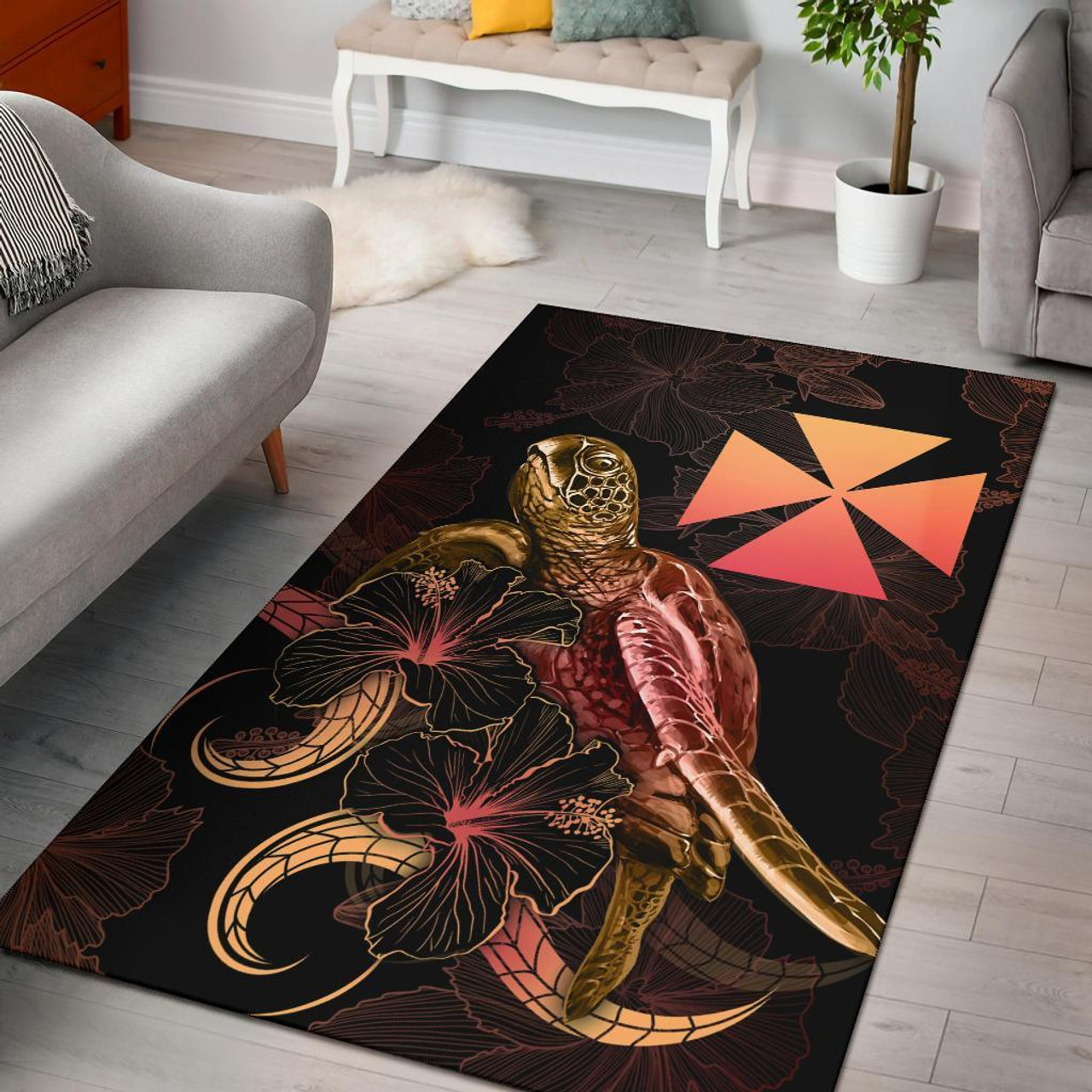 Wallis And Futuna Polynesian Area Rugs - Turtle With Blooming Hibiscus Gold Polynesian 1