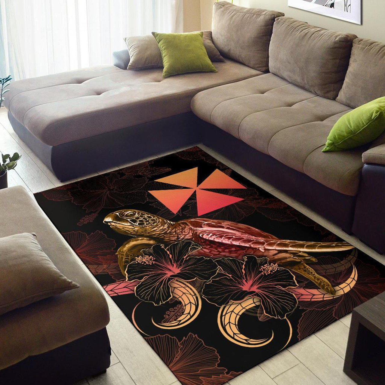 Wallis And Futuna Polynesian Area Rugs - Turtle With Blooming Hibiscus Gold Polynesian 2