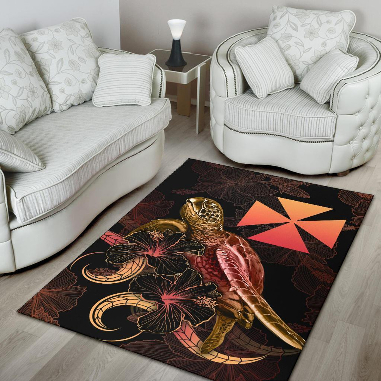 Wallis And Futuna Polynesian Area Rugs - Turtle With Blooming Hibiscus Gold Polynesian 4