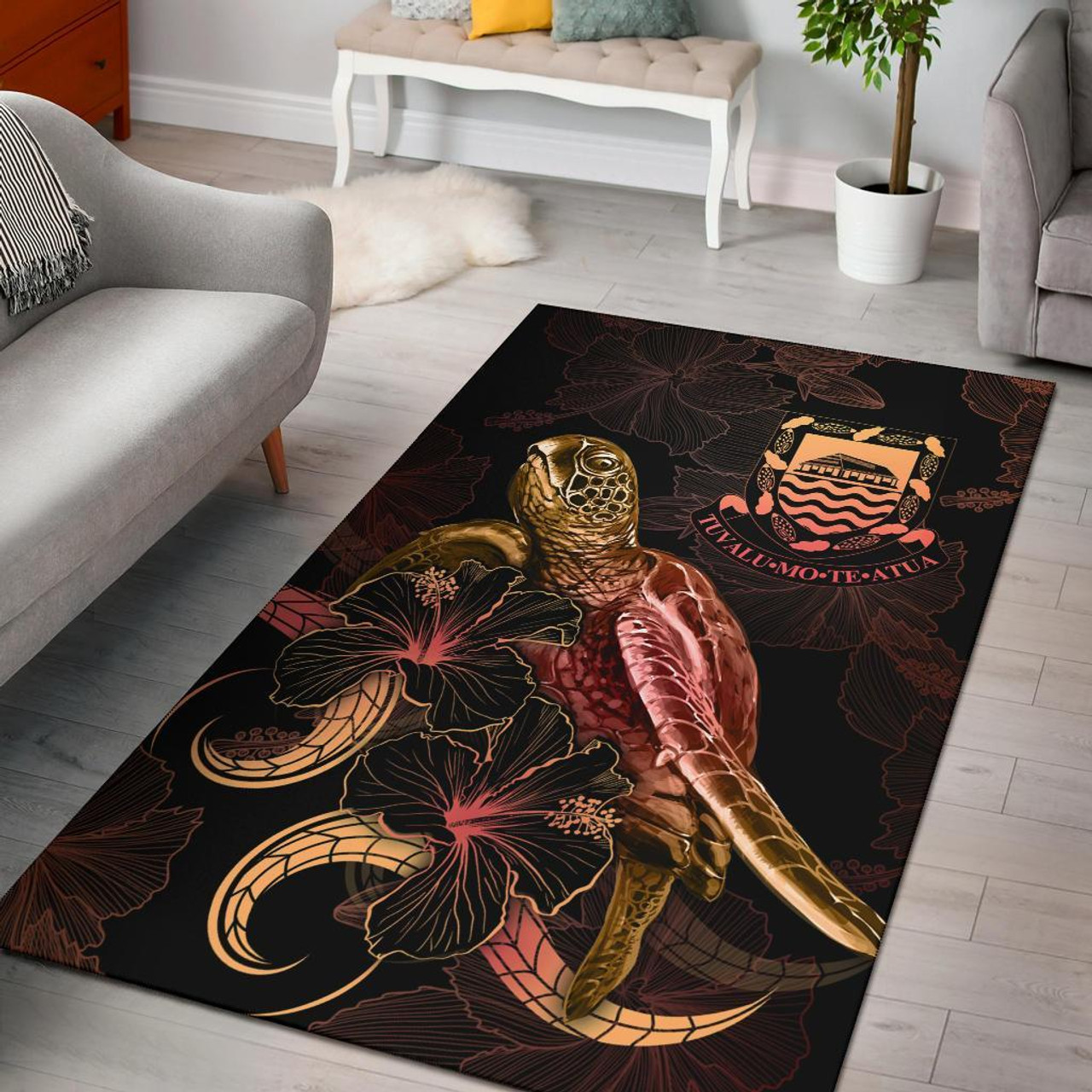 Tuvalu Polynesian Area Rugs - Turtle With Blooming Hibiscus Gold Polynesian 1