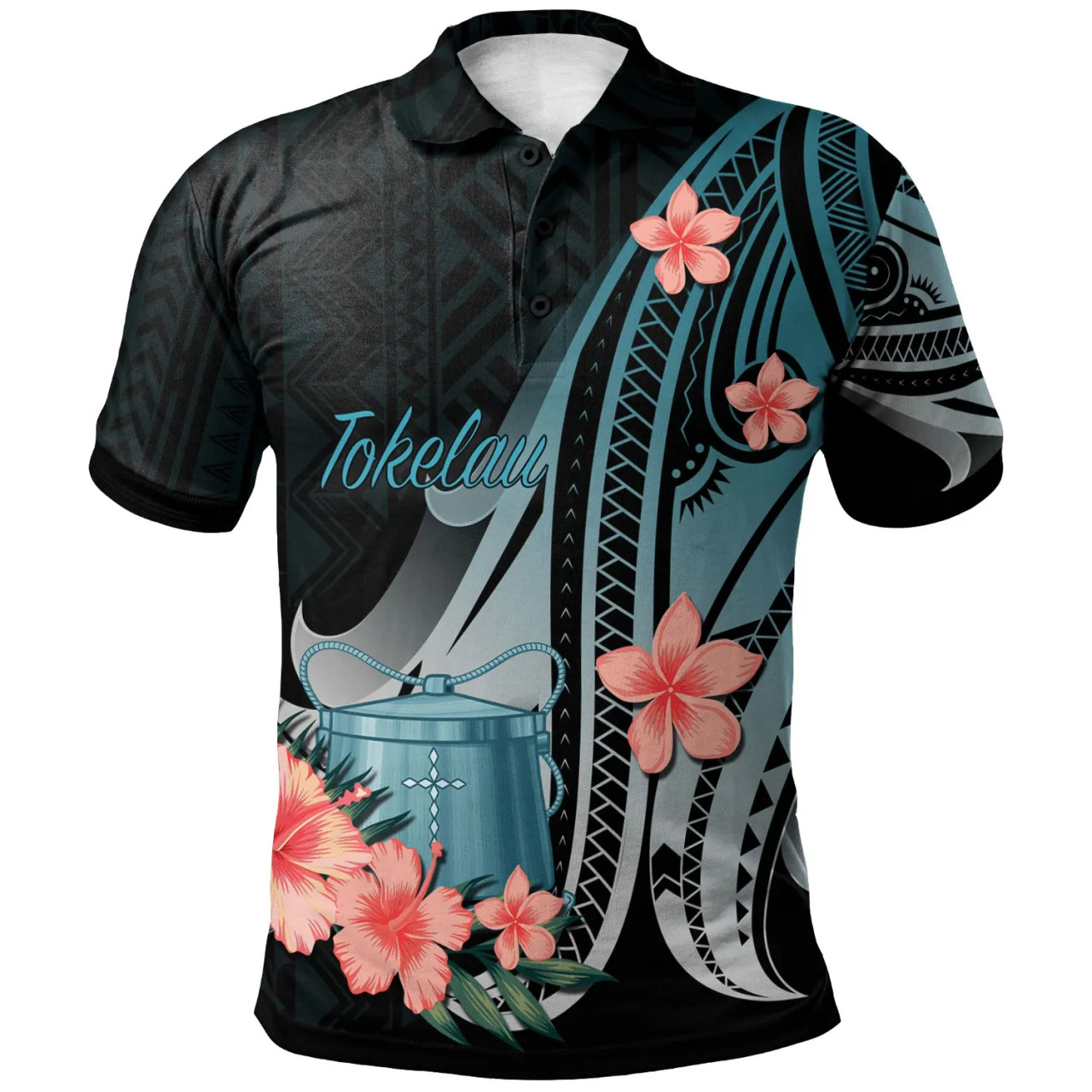 Tokelau Polo Shirt - Turquoise Polynesian Hibiscus Pattern Style 1