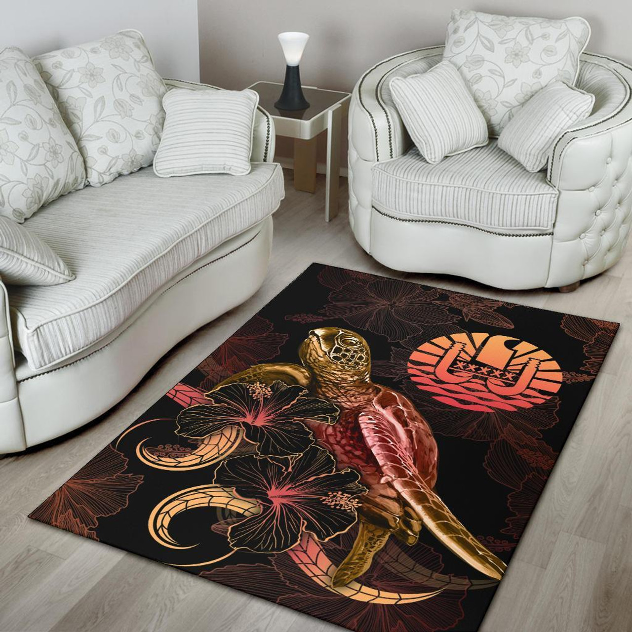 Tahiti Polynesian Area Rugs - Turtle With Blooming Hibiscus Gold Polynesian 4