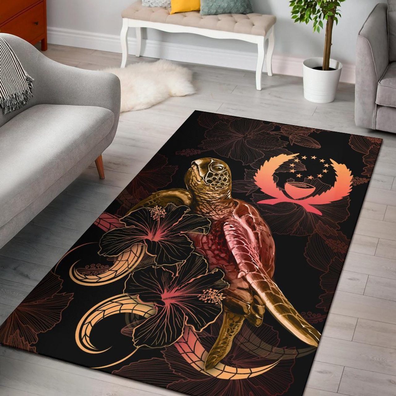 Pohnpei Polynesian Area Rugs - Turtle With Blooming Hibiscus Gold Polynesian 1