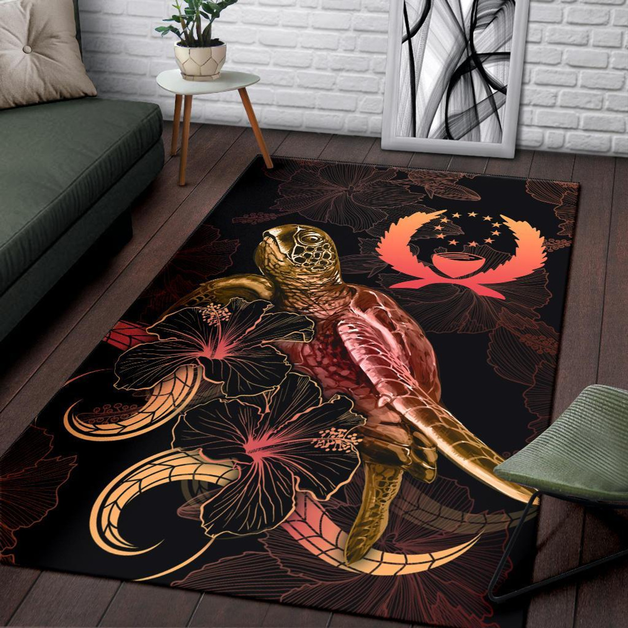 Pohnpei Polynesian Area Rugs - Turtle With Blooming Hibiscus Gold Polynesian 3