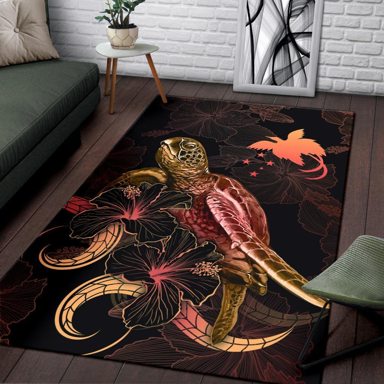 Papua New Guinea Polynesian Area Rugs - Turtle With Blooming Hibiscus Gold Polynesian 3