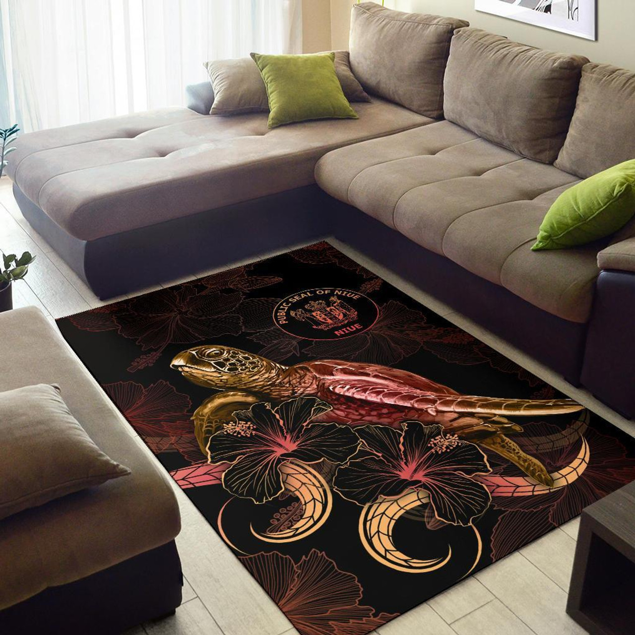Niue Polynesian Area Rugs - Turtle With Blooming Hibiscus Gold Polynesian 2