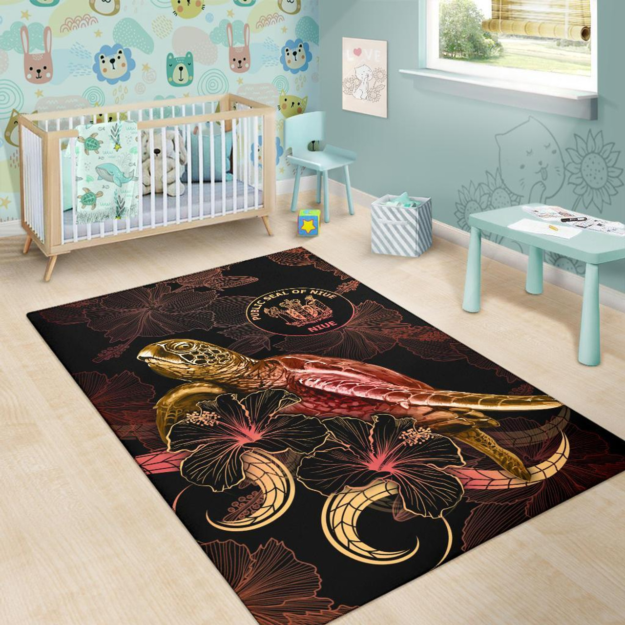 Niue Polynesian Area Rugs - Turtle With Blooming Hibiscus Gold Polynesian 6