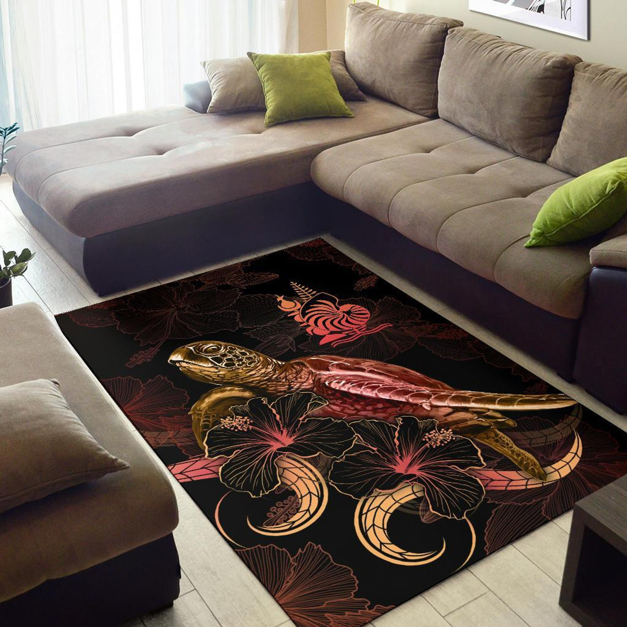 New Caledonia Polynesian Area Rugs - Turtle With Blooming Hibiscus Gold Polynesian 2