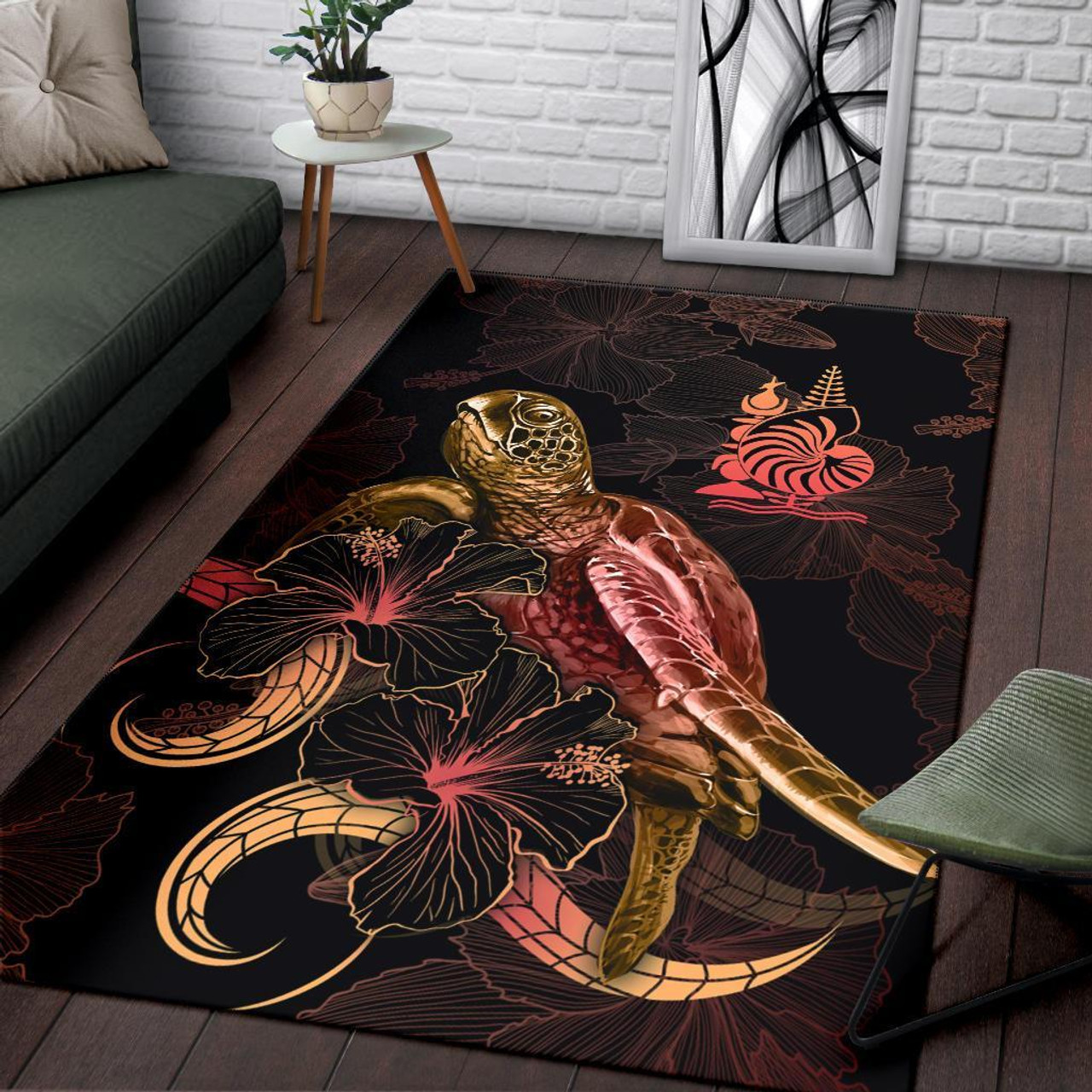 New Caledonia Polynesian Area Rugs - Turtle With Blooming Hibiscus Gold Polynesian 3