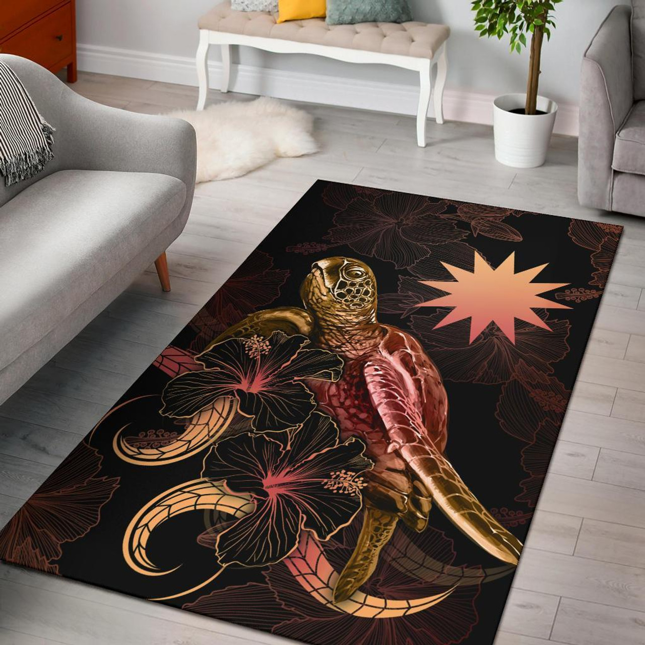 Nauru Polynesian Area Rugs - Turtle With Blooming Hibiscus Gold Polynesian 1