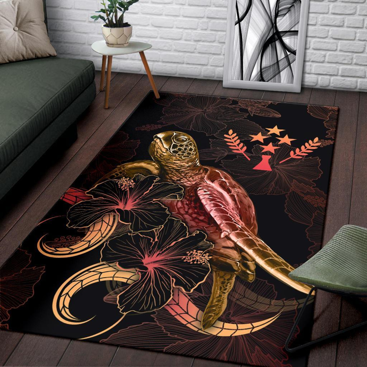 Kosrae Polynesian Area Rugs - Turtle With Blooming Hibiscus Gold Polynesian 3