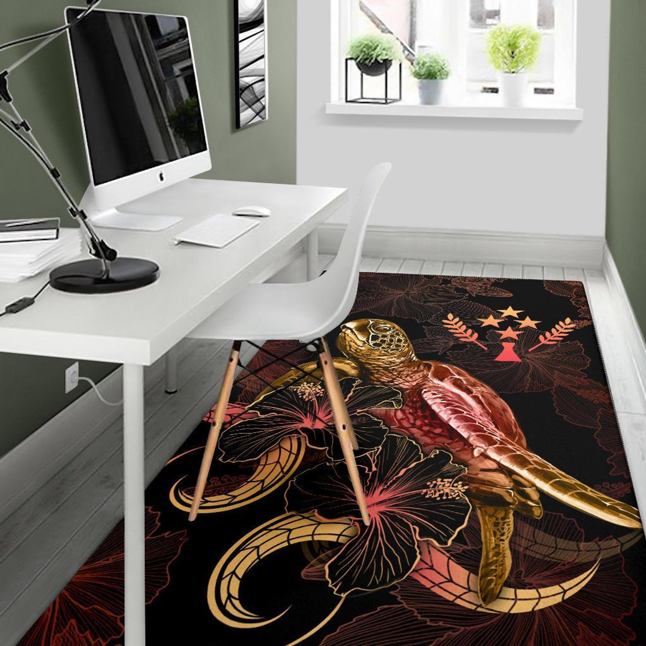Kosrae Polynesian Area Rugs - Turtle With Blooming Hibiscus Gold Polynesian 5