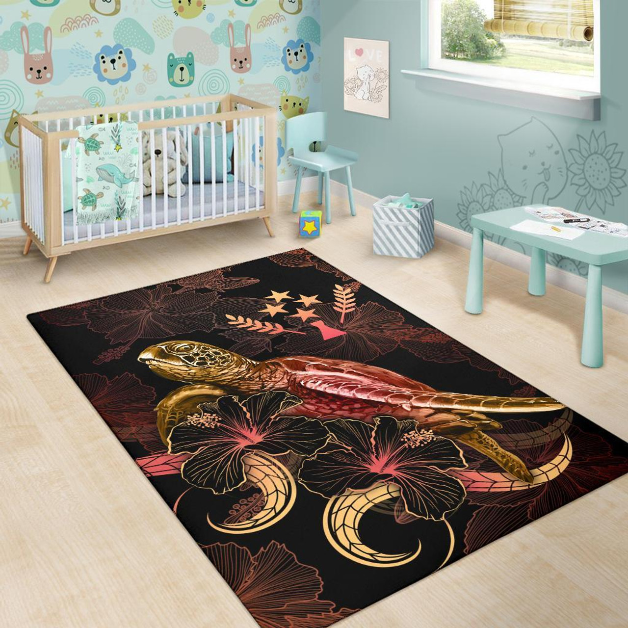 Kosrae Polynesian Area Rugs - Turtle With Blooming Hibiscus Gold Polynesian 6