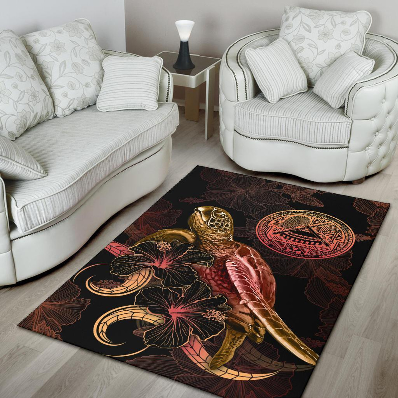 American Samoa Polynesian Area Rugs - Turtle With Blooming Hibiscus Gold- BN22 Polynesian 4