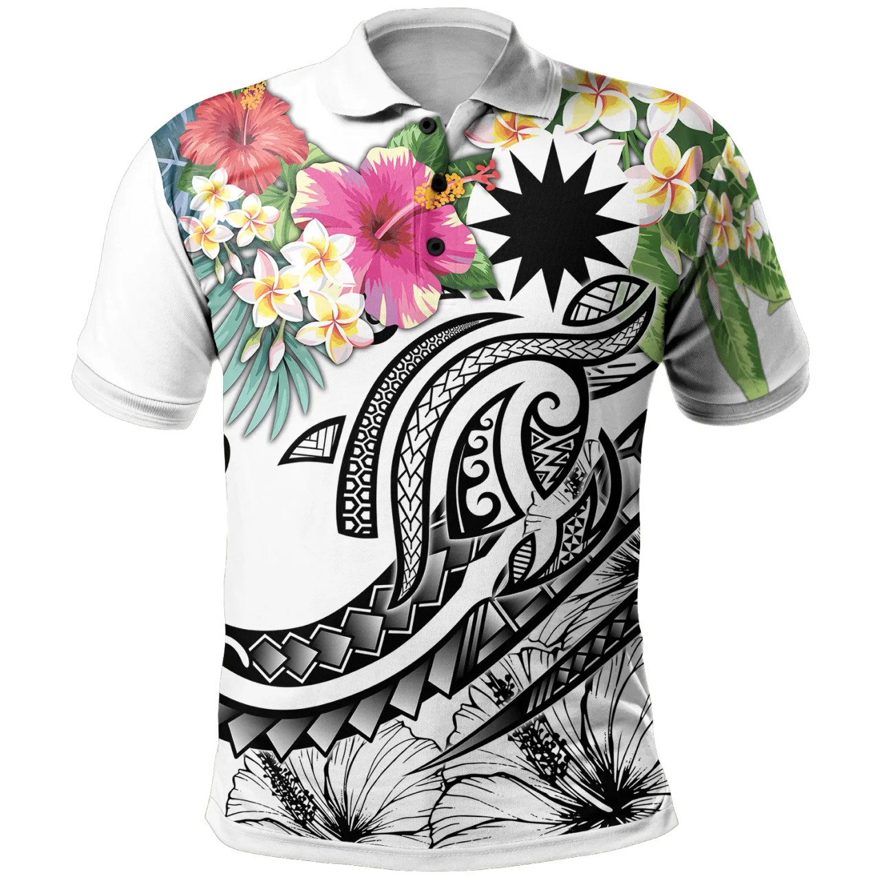 Nauru Polynesian Polo Shirt - Summer Plumeria (White) 1