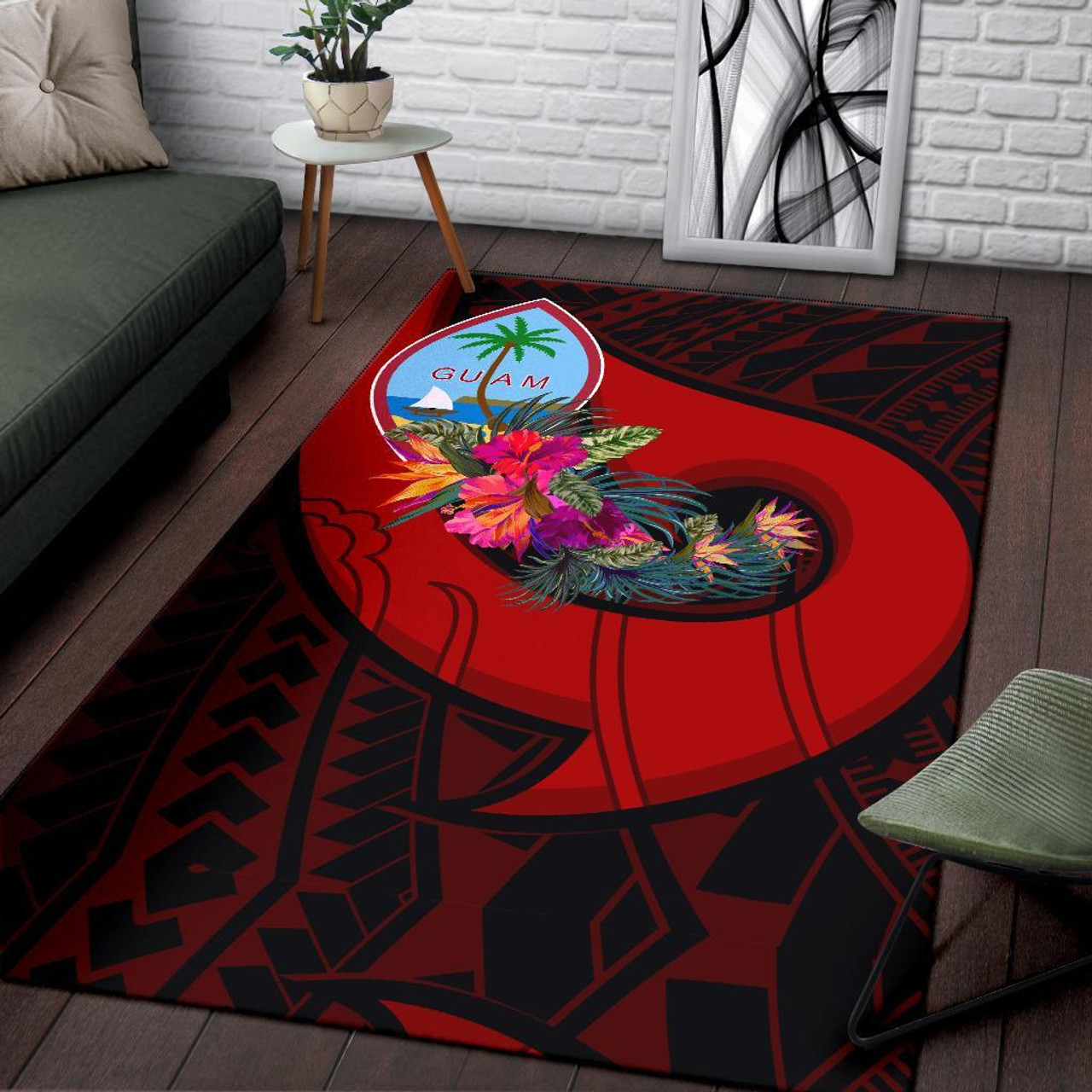 Guam Area Rug - Polynesian Hook And Hibiscus (Red) Polynesian 1